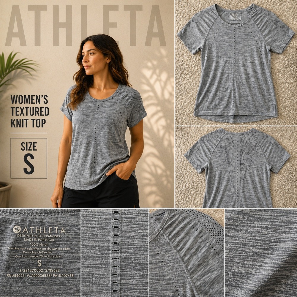 Athleta Womens Grey Textured Knit Short Sleeve Athletic Top Size S 381370002